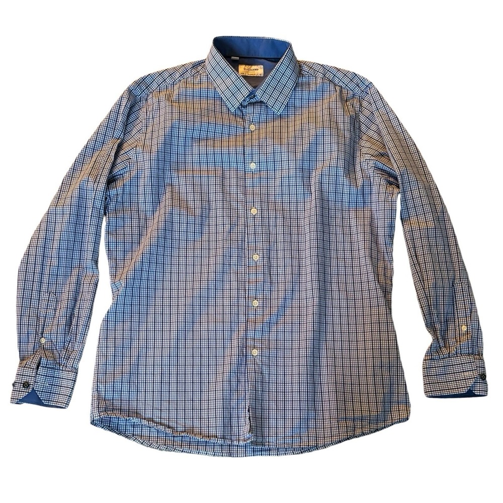 Duchamp London Blue Plaid Long Sleeve Men's Shirt Size XL 43 17 - Picture 4 of 9